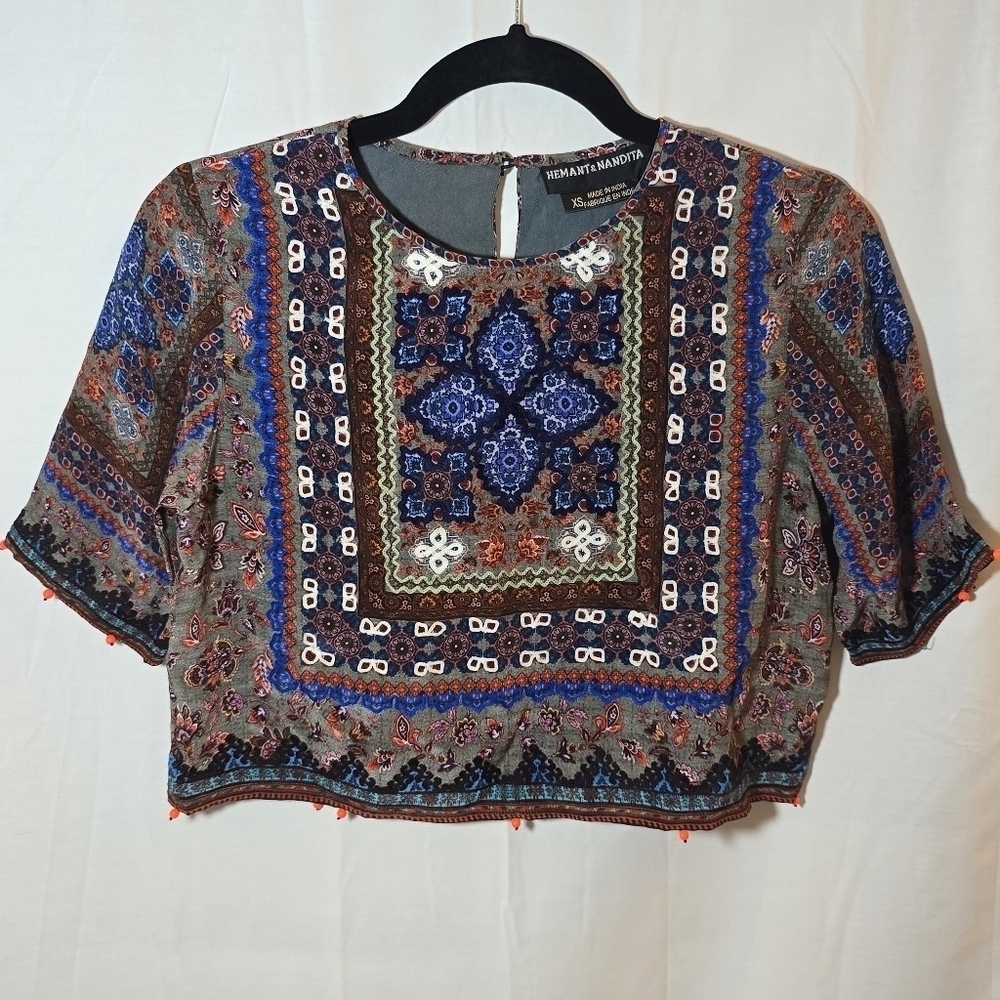 Hemant & Nandita Anthropologie 100% Silk Beaded Cropped Short Sleeve Boho - Picture 1 of 10